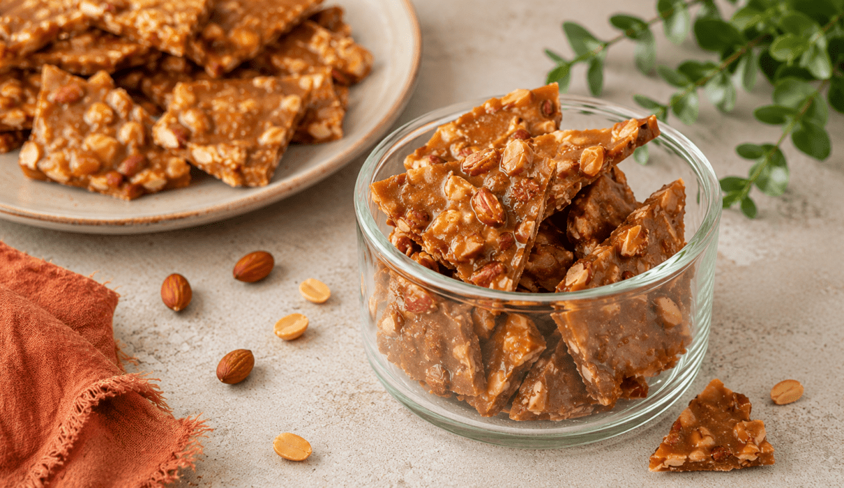 Homemade almond brittle broken into crunchy golden pieces with roasted almonds.