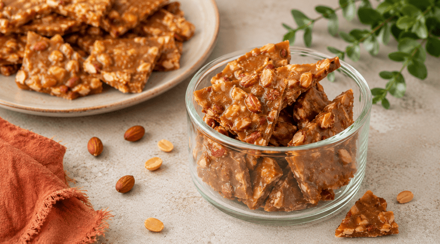 Homemade almond brittle broken into crunchy golden pieces with roasted almonds.