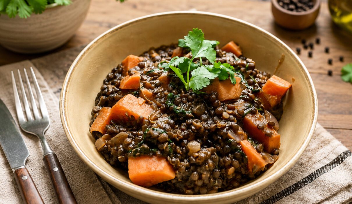 Bowl of cooked beluga lentils with vegetables, herbs, and seasonings served as a healthy vegan meal.