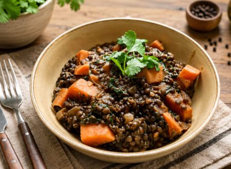 Bowl of cooked beluga lentils with vegetables, herbs, and seasonings served as a healthy vegan meal.