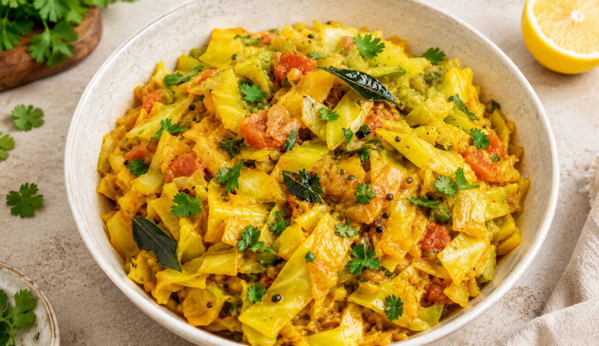 Bowl of easy cabbage curry with tomatoes and spices, garnished with fresh cilantro and served with rice.
