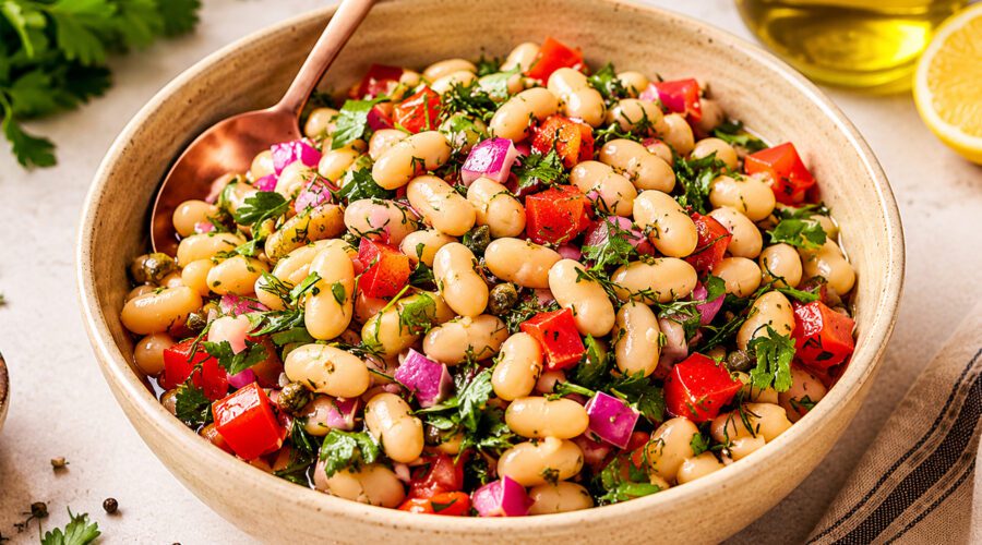 Bowl of Tuscan white beans cooked with garlic, herbs, tomatoes, and fresh parsley.