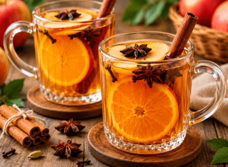 Homemade mulling spices with cinnamon sticks, cloves, allspice, star anise, and dried citrus peel in a wooden bowl.