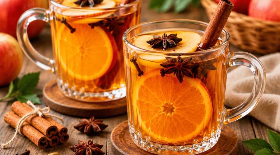 Homemade mulling spices with cinnamon sticks, cloves, allspice, star anise, and dried citrus peel in a wooden bowl.