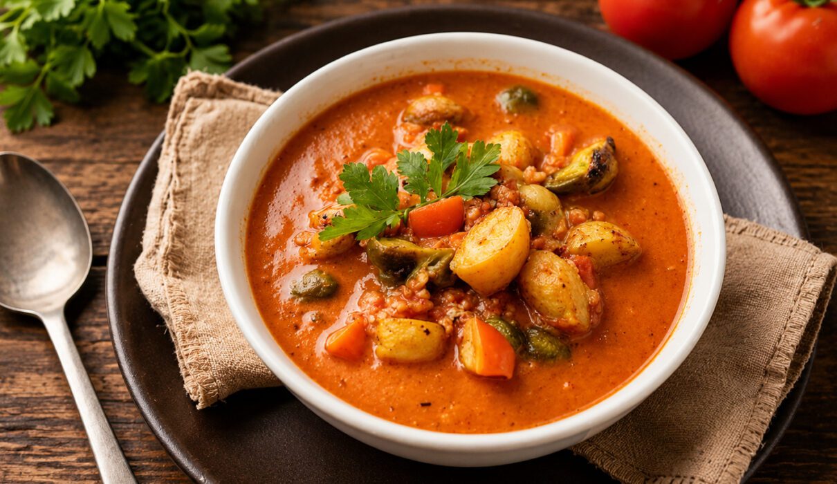 Bowl of creamy roasted vegetable soup garnished with fresh herbs and roasted vegetables.