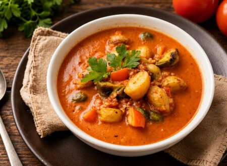 Bowl of creamy roasted vegetable soup garnished with fresh herbs and roasted vegetables.