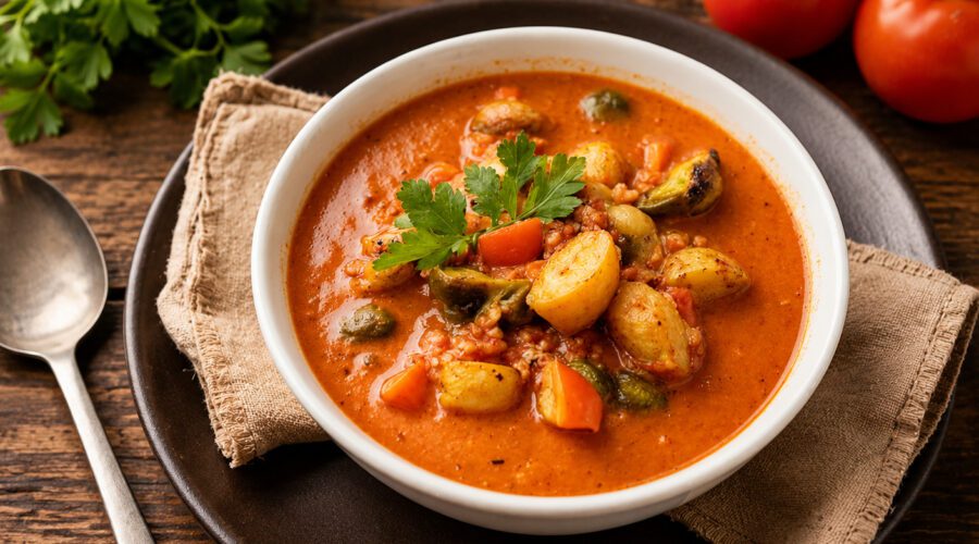 Bowl of creamy roasted vegetable soup garnished with fresh herbs and roasted vegetables.