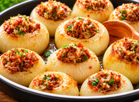 Baked stuffed onions filled with a savory rice and vegetable mixture in a baking dish.