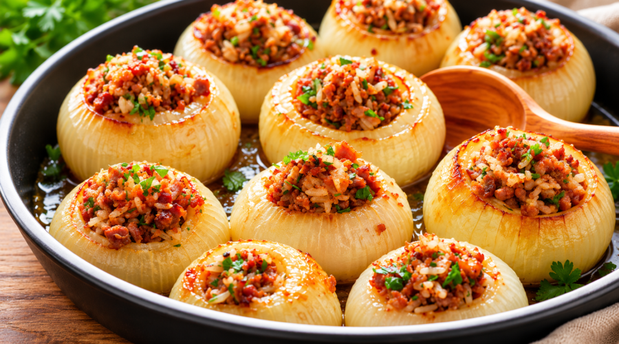 Baked stuffed onions filled with a savory rice and vegetable mixture in a baking dish.