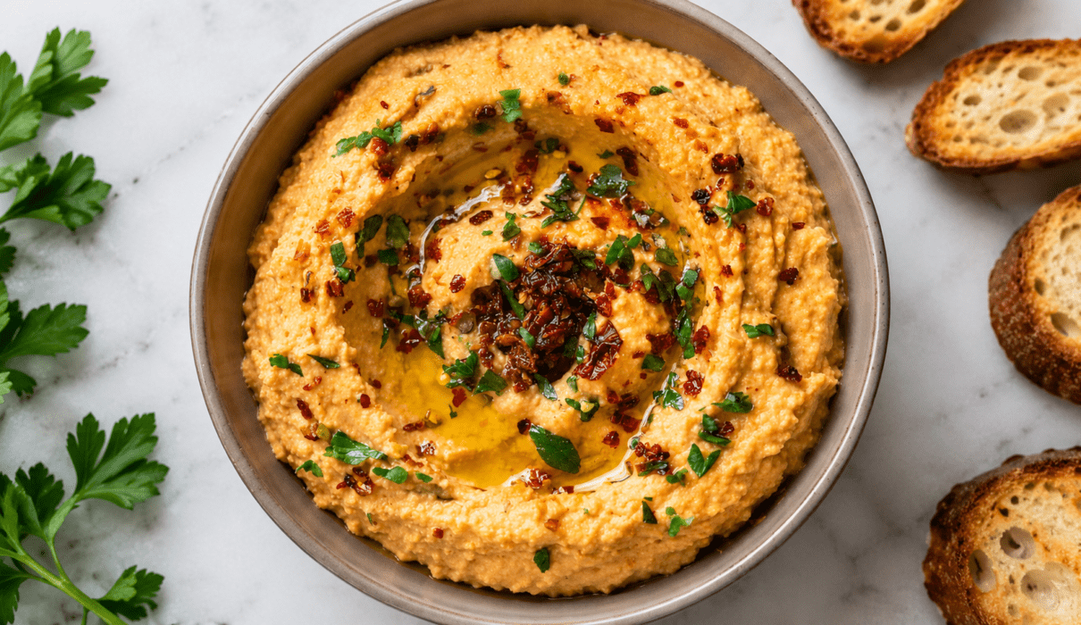 Creamy sun-dried tomato hummus served in a bowl and garnished with chopped herbs and sun-dried tomatoes.