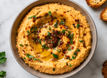 Creamy sun-dried tomato hummus served in a bowl and garnished with chopped herbs and sun-dried tomatoes.