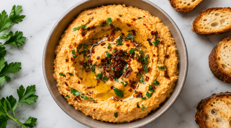 Creamy sun-dried tomato hummus served in a bowl and garnished with chopped herbs and sun-dried tomatoes.