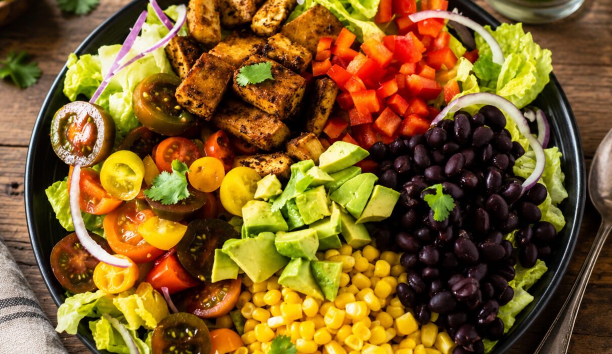 Colorful taco salad topped with lettuce, beans, tomatoes, avocado, corn, and crunchy tortilla strips.