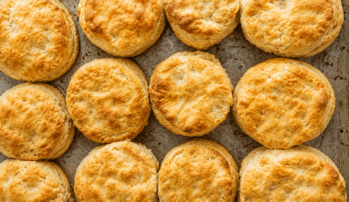 Freshly baked vegan biscuits with a golden crust served on a rustic plate.