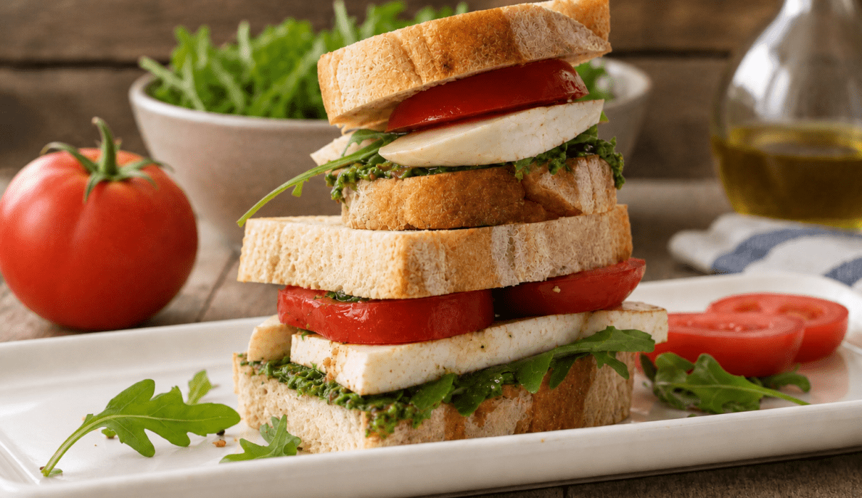 Vegan Caprese sandwich with marinated tofu, fresh tomatoes, basil leaves, and crusty bread.