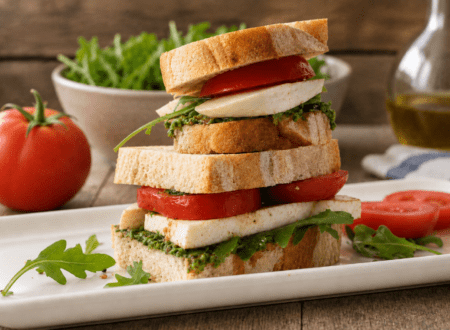 Vegan Caprese sandwich with marinated tofu, fresh tomatoes, basil leaves, and crusty bread.