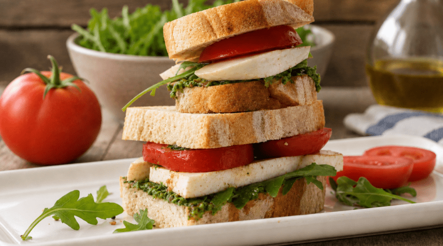 Vegan Caprese sandwich with marinated tofu, fresh tomatoes, basil leaves, and crusty bread.