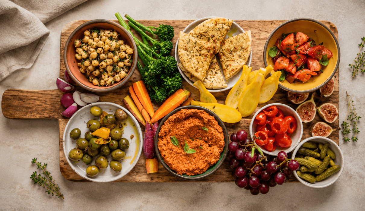 Colorful vegan charcuterie board with plant-based cheeses, fruits, crackers, nuts, olives, and dips.