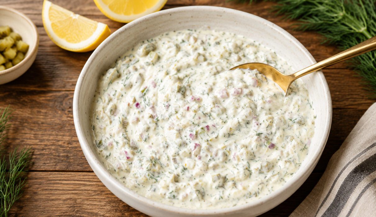 Bowl of creamy vegan tartar sauce garnished with chopped dill, capers, and pickles beside lemon wedges.