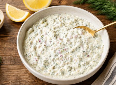 Bowl of creamy vegan tartar sauce garnished with chopped dill, capers, and pickles beside lemon wedges.