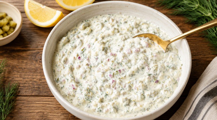 Bowl of creamy vegan tartar sauce garnished with chopped dill, capers, and pickles beside lemon wedges.