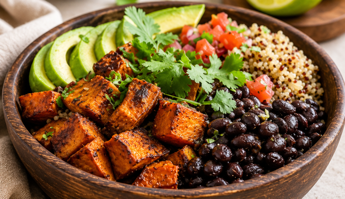 Seven healthy vegan weight loss meals including salads, grain bowls, soups, and vegetable-based dishes arranged on a table.