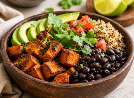 Seven healthy vegan weight loss meals including salads, grain bowls, soups, and vegetable-based dishes arranged on a table.