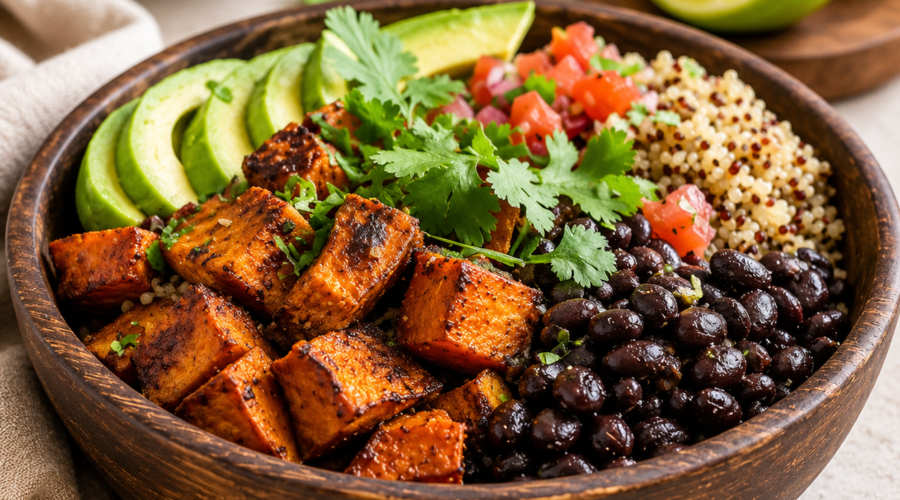 Seven healthy vegan weight loss meals including salads, grain bowls, soups, and vegetable-based dishes arranged on a table.