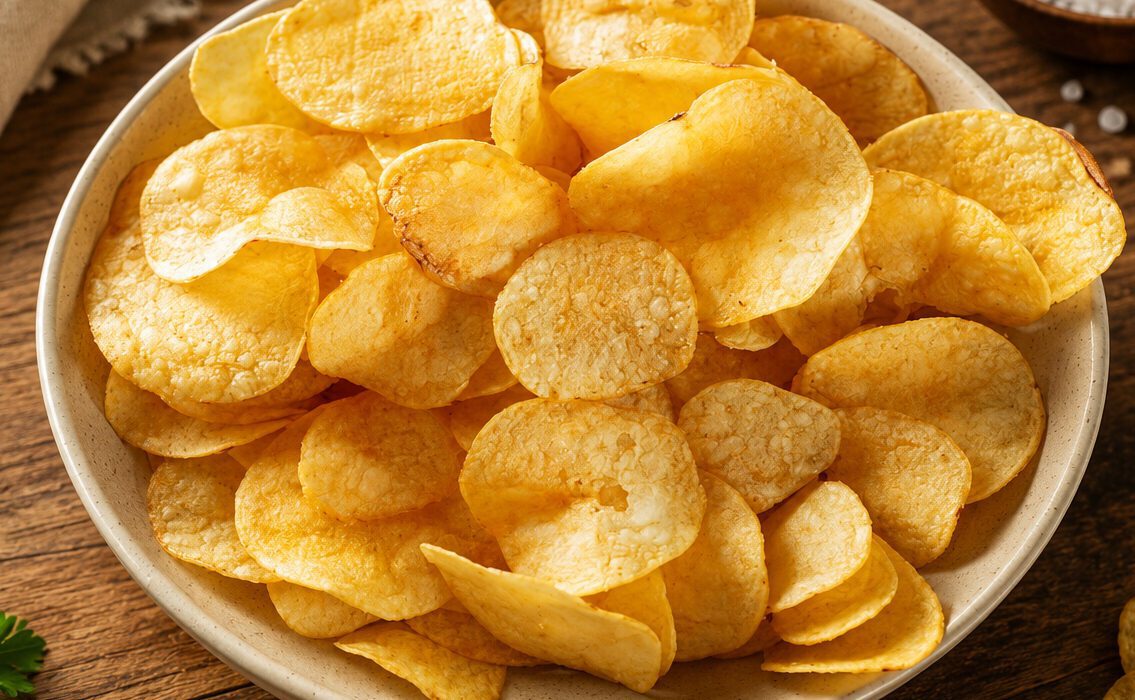Crispy homemade oil-free potato chips served in a bowl with seasoning sprinkled on top.