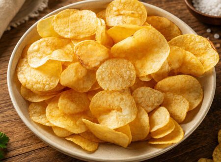 Crispy homemade oil-free potato chips served in a bowl with seasoning sprinkled on top.