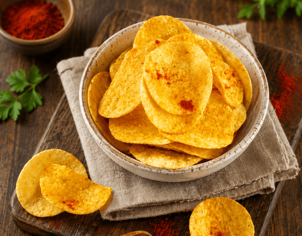 Crispy homemade oil-free potato chips served in a bowl with seasoning sprinkled on top.