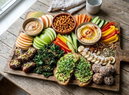 Colorful assortment of vegan snacks including fruit, nuts, hummus, crackers, energy balls, and vegetables on a serving board.