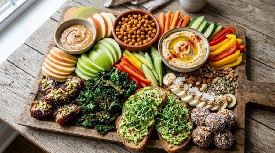 Colorful assortment of vegan snacks including fruit, nuts, hummus, crackers, energy balls, and vegetables on a serving board.