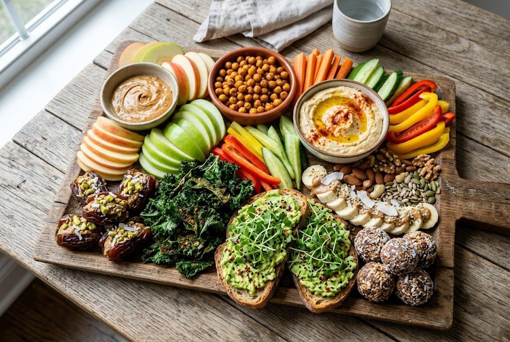Colorful assortment of vegan snacks including fruit, nuts, hummus, crackers, energy balls, and vegetables on a serving board.