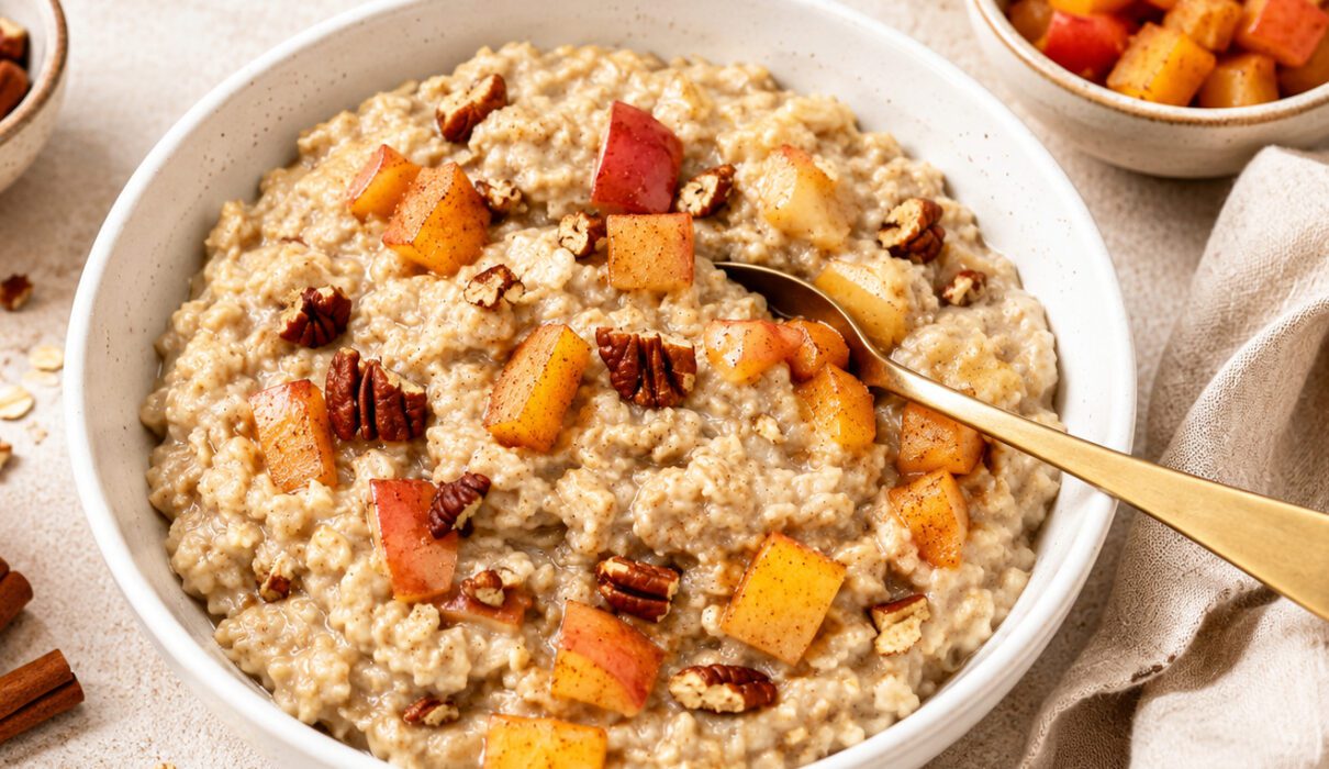Bowl of warm vegan stewed apples with cinnamon sticks and diced apples served over oatmeal.