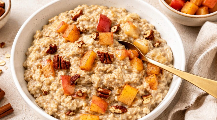 Bowl of warm vegan stewed apples with cinnamon sticks and diced apples served over oatmeal.