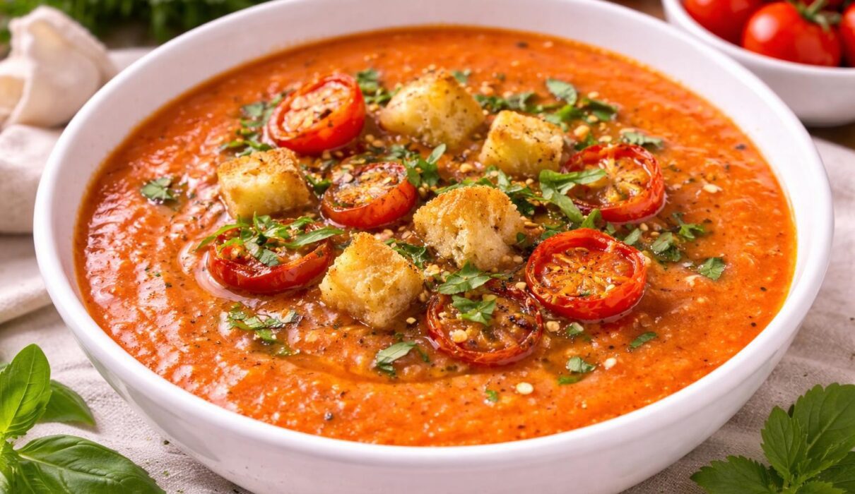 Bowl of roasted cherry tomato soup garnished with fresh basil and roasted cherry tomatoes.
