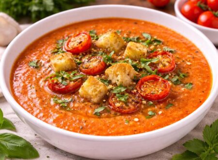 Bowl of roasted cherry tomato soup garnished with fresh basil and roasted cherry tomatoes.