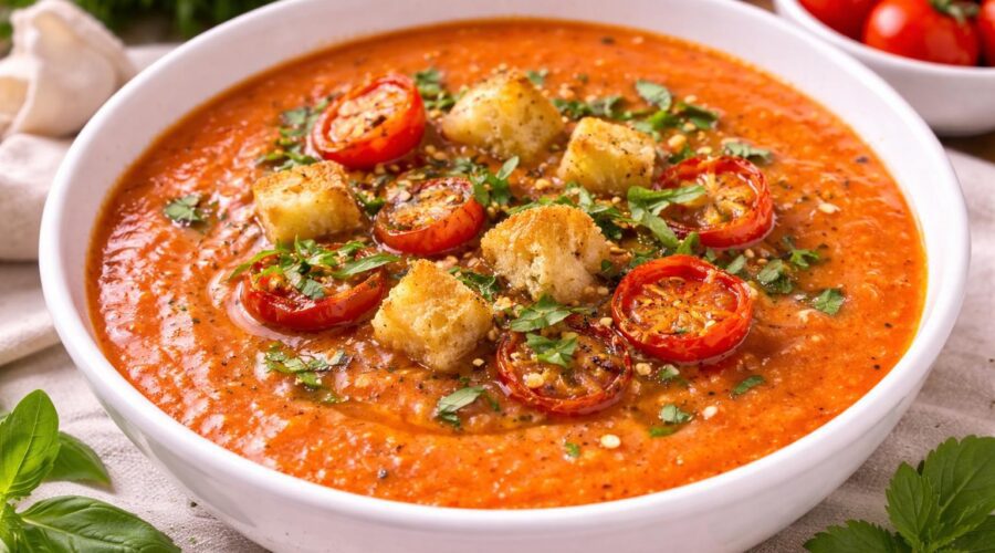 Bowl of roasted cherry tomato soup garnished with fresh basil and roasted cherry tomatoes.