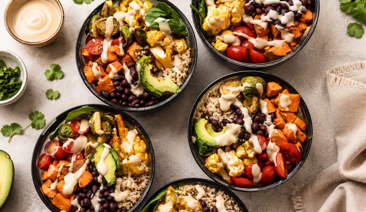 Seven healthy vegan meals featuring tofu, lentils, beans, chickpeas, vegetables, and whole grains.