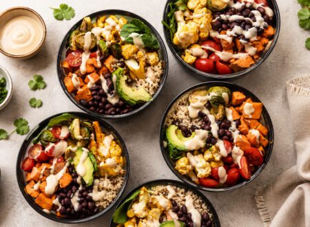 Seven healthy vegan meals featuring tofu, lentils, beans, chickpeas, vegetables, and whole grains.