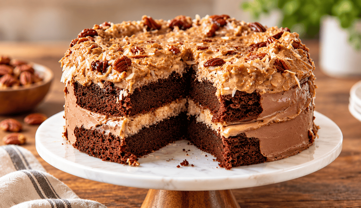 Slice of vegan German chocolate cake with rich chocolate layers and creamy coconut pecan frosting.