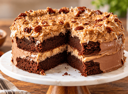 Slice of vegan German chocolate cake with rich chocolate layers and creamy coconut pecan frosting.