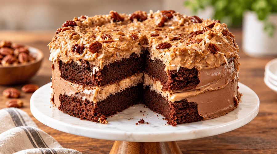 Slice of vegan German chocolate cake with rich chocolate layers and creamy coconut pecan frosting.
