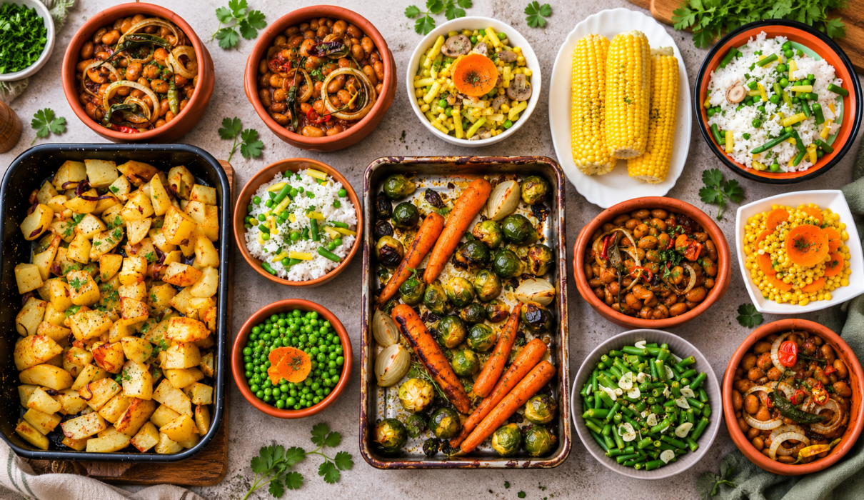 Assortment of vegan side dishes featuring roasted vegetables, crispy potatoes, fresh salads, seasoned beans, and colorful plant-based ingredients.