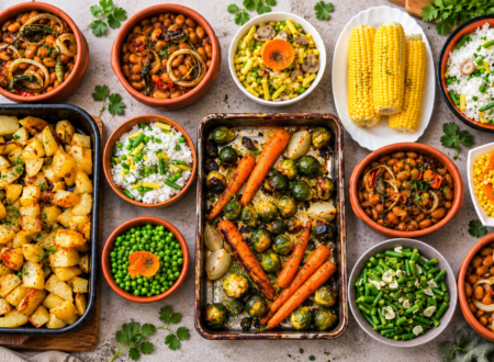 Assortment of vegan side dishes featuring roasted vegetables, crispy potatoes, fresh salads, seasoned beans, and colorful plant-based ingredients.