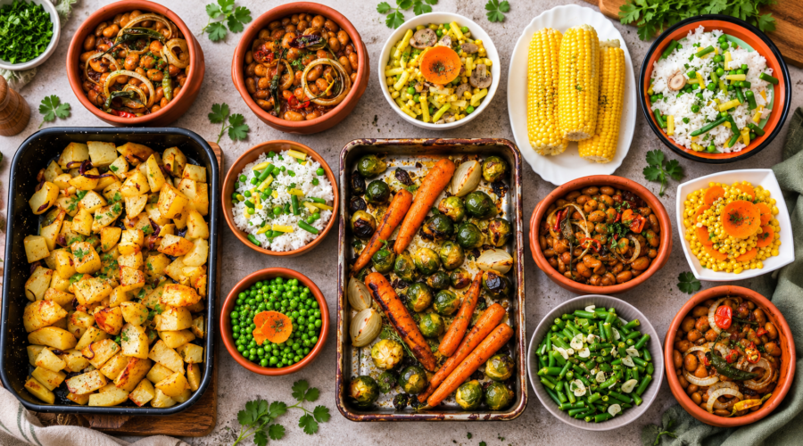 Assortment of vegan side dishes featuring roasted vegetables, crispy potatoes, fresh salads, seasoned beans, and colorful plant-based ingredients.